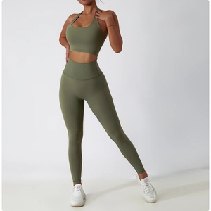 Olive green yoga set featuring a racerback sports bra and high-waisted leggings