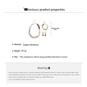 Detailed view of jewelry set specifications with copper and rhinestone materials