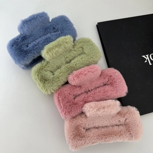 Plush rectangular hair claw clips in blue green pink colors for autumn and winter