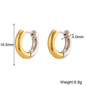 Two-tone gold and silver C-shaped stainless steel earrings with dimensions 16.5mm by 4.0mm