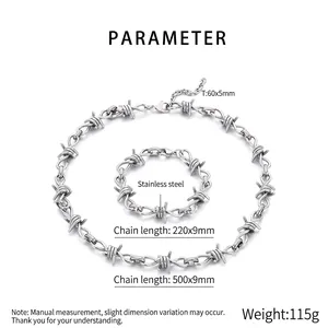 Hip-hop style silver stainless steel thorn necklace and bracelet set with dimensions