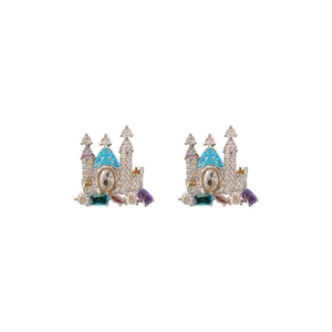 Set orecchini a castello placcati oro con zirconi colorati e pietre turchesi su bianco