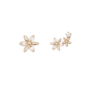 Asymmetric gold flower stud earrings with micro-inlaid zircon and elegant tassel style