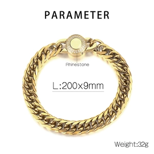 Detail of 9mm gold stainless steel Cuban chain with rhinestone inlaid buckle and dimensions