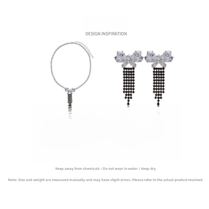Detail view of butterfly tassel necklace set with dimensions and material specs
