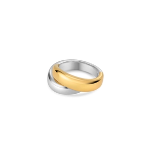 Close-up of interlocking gold and silver dual-tone wide rings with high metal polish