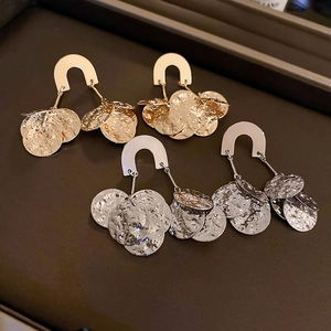 Hammered Round Sequin Drop Earrings Women Geometric U-Shape Copper With Silver Earring Post Vintage Statement Jewelry