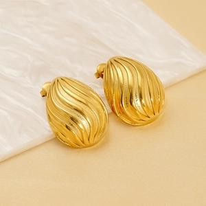 18K gold plated stainless steel teardrop earrings with textured wavy pattern design