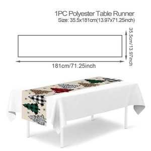 Polyester Christmas table runner with festive tree patterns and detailed size measurements