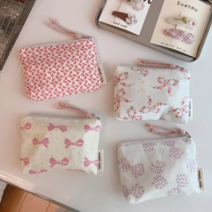 Cotton Floral Coin Purse Mini Zipper Storage Bag For Card Lipstick Earphone Portable Cute Bow Pattern