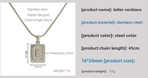 Detail view of square stainless steel letter E pendant with dimensions and chain length