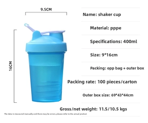 Blue translucent 400ml protein shaker bottle with scale markings and dimensions