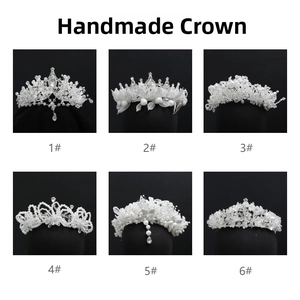 Six different handmade bridal crowns featuring white pearls, crystals, and silver wire details