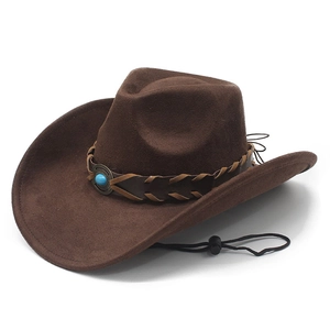 Dark brown faux suede western cowboy hat featuring woven leather band and turquoise stone