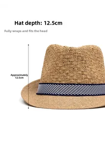 Detail showing 12.5cm depth of the breathable straw fedora with blue striped ribbon