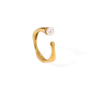 Minimalist 18k gold plated stainless steel C-shape ear cuff with a white pearl accent