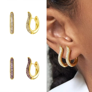 Fashion S925 silver needle hoop earrings with micro-pave crystals and U-shaped wave design