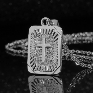Vintage silver steel rectangular cross pendant necklace with radiant sunburst details