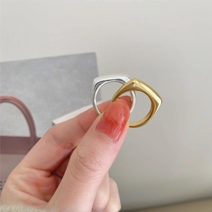 925 Sterling Silver Adjustable Open Ring Geometric Square Irregular Glossy High Polish Minimalist Jewelry For Women