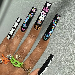 Faux Ongles Longs Cercueil Halloween Jour Des Morts Crâne De Sucre Squelette Noir Faux Ongles Manucure Festive Femmes