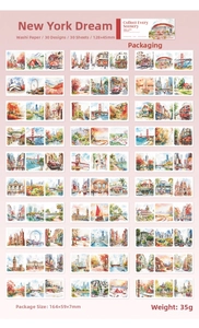 Detailed catalog of New York Dream scenery washi stickers showing 30 city life sketches