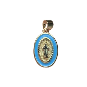 Oval golden Jesus pendant with light blue enamel inlay and religious relief details