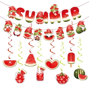 Watermelon Summer Party Decoration Gnome Summer Banner Hanging Swirls Fruit Theme Birthday Event Paper Decor