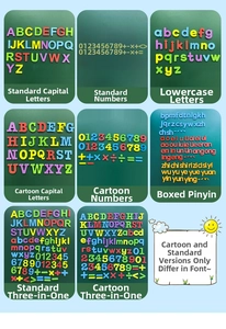 Detailed grid view of magnetic letters and numbers on a green educational board