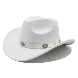 Detail of white western cowboy hat featuring vintage silver metal studs and rivets band
