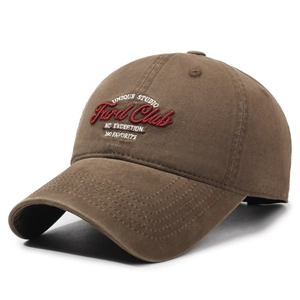 Retro brown baseball cap with Ford Club embroidery and curved brim in vintage style