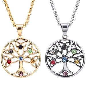 Tree Of Life Pendant Necklace Stainless Steel Colorful Rhinestone Viking Nordic Mythology Retro Jewelry For Men Women