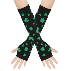 Detail of St. Patrick's Day knitted arm warmers with green shamrock pattern