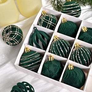 Set of 12 dark green velvet Christmas ball ornaments in a premium white gift box