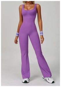 Front view of purple high waist yoga jumpsuit with u-neck and flared yoga pants