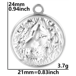 Macro detail of lion head relief on silver steel pendant with size and weight specs