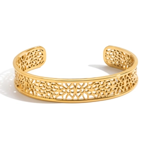 Lace hollow geometric open bangle in 18K gold plated stainless steel on white background