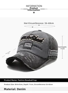 Infografik der Used-Look Denim Basecap mit 1969-Stickerei und genauen Größenangaben