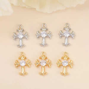 Golden and silver metal fleur-de-lis cross pendants with zircon for DIY jewelry making
