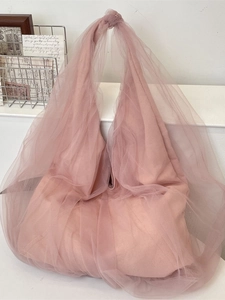 Pink layered mesh tote bag for women featuring a double-layer design and knotted handles