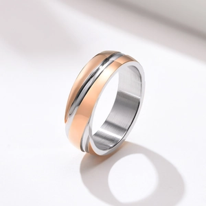 Detailed macro view of two-tone stainless steel ring with silver and rose gold finish