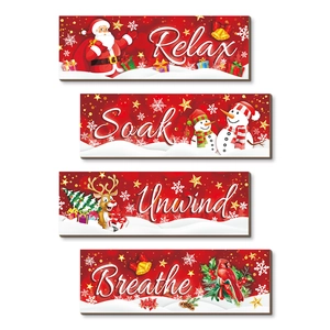 Set of 4 Christmas wooden signs with Santa, snowman, elk and festive holiday words
