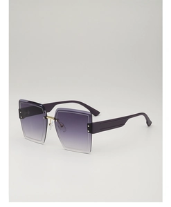 Detail view of oversized square sunglasses with purple gradient lenses and gold bridge
