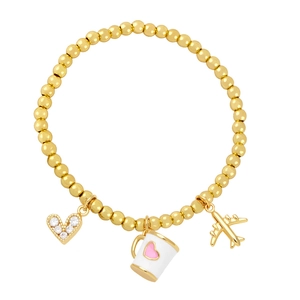 Beaded gold bracelet with heart, coffee mug and airplane charms for travel style