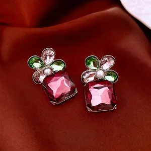 Flower pearl drop earrings with pink crystal and silver pin for women luxury style