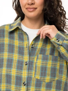Detailed view of plaid flannel shirt neckline and chest pocket with button-up closure