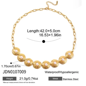 Detailed size and weight specs for the 18K gold stainless steel pearl pendant necklace