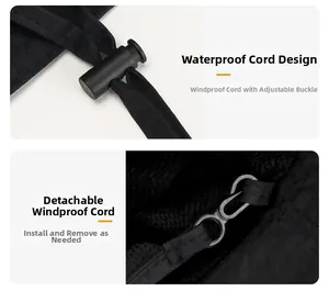 Detail of waterproof drawstring with adjustable toggle and detachable hook on outdoor hat