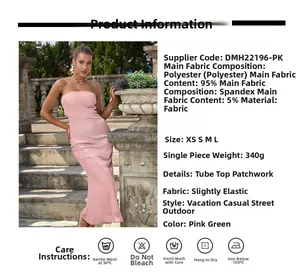 Detail view of pink tube dress fabric composition 95% polyester and sizing chart