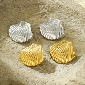 Chic fan-shaped shell titanium steel earrings in polished gold and silver finishes