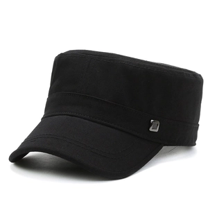 Casquette militaire plate noire en coton pour hommes avec boucle métallique latérale